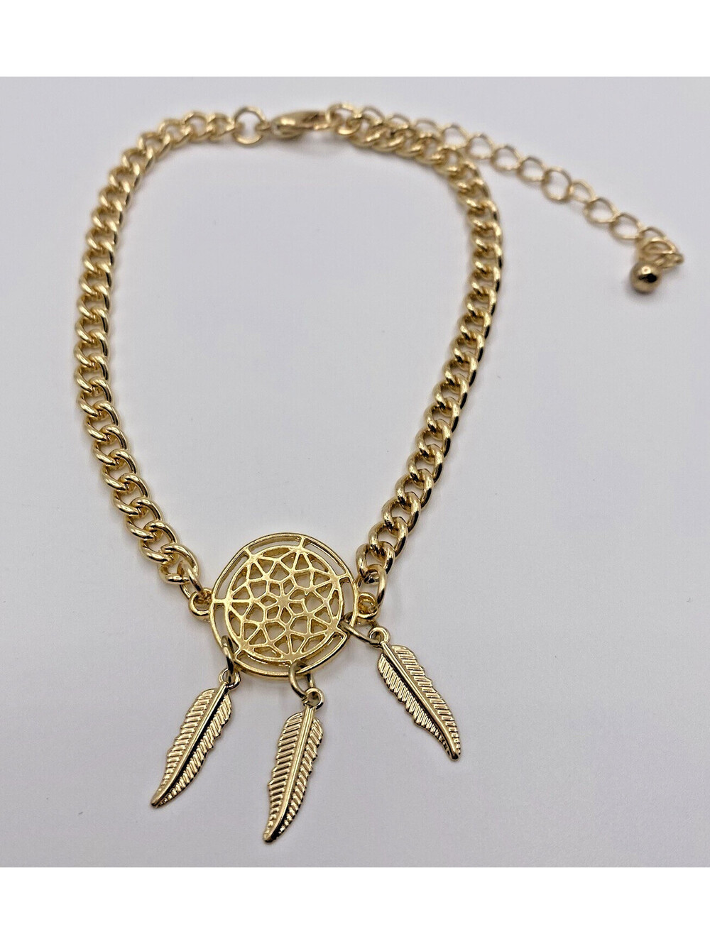 Gold-Tone Dream Catcher & Feather Charm Bracelet  Dainty Sz 7.25-10" Adjustable